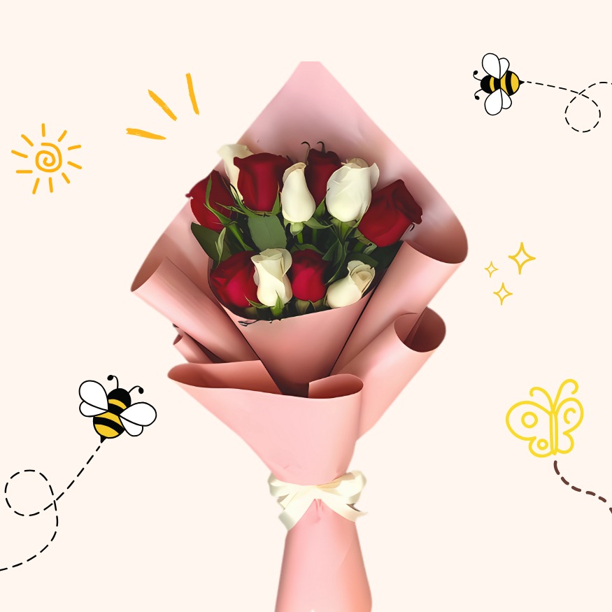 Eternal Harmony bouquet with red and white roses wrapped in pastel pink paper and tied with a white satin ribbon — same-day flower delivery in Pakistan.