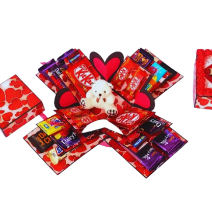 Explosion chocolate gift box with teddy bear – romantic red surprise box with chocolates for Valentine’s Day and anniversaries in Pakistan