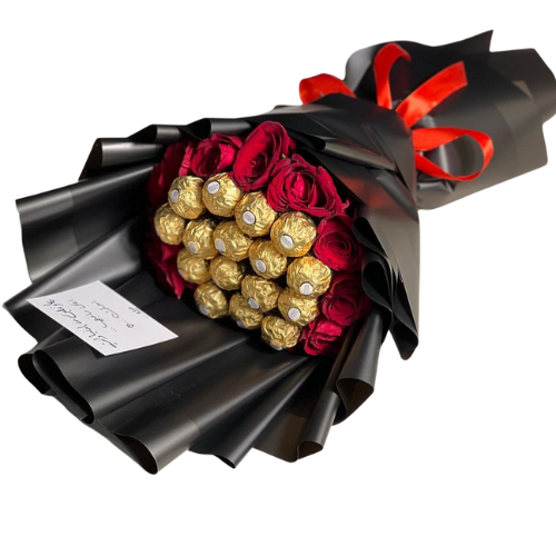 Ferrero Roses bouquet with red roses and Ferrero Rocher chocolates wrapped in black paper with a red satin ribbon — same-day delivery in Pakistan.