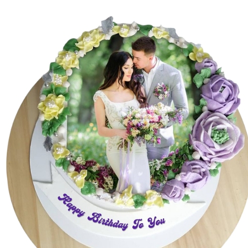 Floral Photo Cake with edible couple photo print and purple-yellow flower decorations