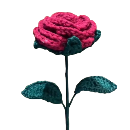 Handmade crochet red rose with green leaves on a long yarn stem.