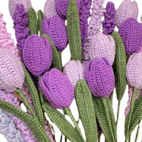 Handmade crochet bouquet with purple tulips and lavender stems in lilac and violet tones.