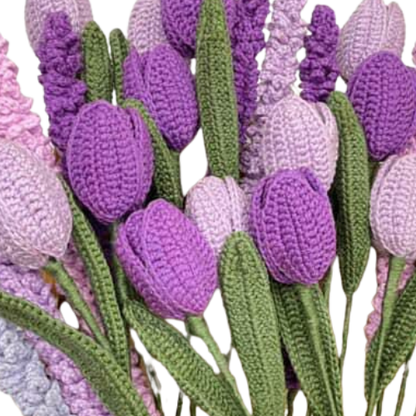 Handmade crochet bouquet with purple tulips and lavender stems in lilac and violet tones.