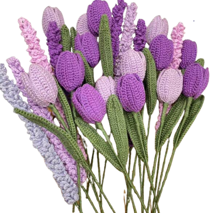 Handmade crochet bouquet with purple tulips and lavender stems in lilac and violet tones.