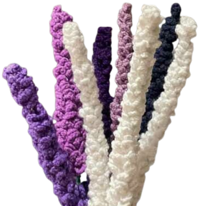 Handmade crochet lavender bouquet with purple, white, and violet stems, crafted with yarn.