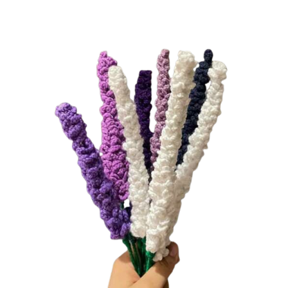 Handmade crochet lavender bouquet with purple, white, and violet stems, crafted with yarn.