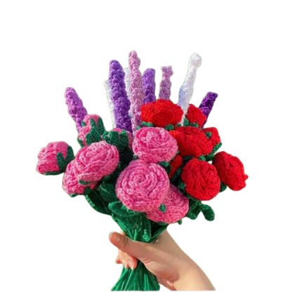 Handmade crochet mixed bouquet with pink and red roses, purple and white lavender stems.