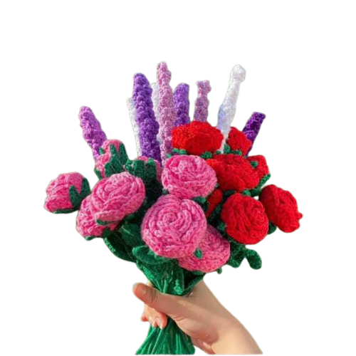 Handmade crochet mixed bouquet with pink and red roses, purple and white lavender stems.