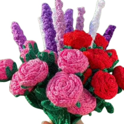 Handmade crochet mixed bouquet with pink and red roses, purple and white lavender stems.