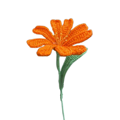 Handmade crochet orange daisy flower with green stem and leaves.