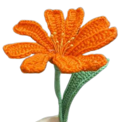 Handmade crochet orange daisy flower with green stem and leaves.