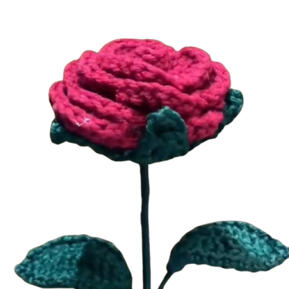 Handmade crochet red rose with green leaves on a long yarn stem.