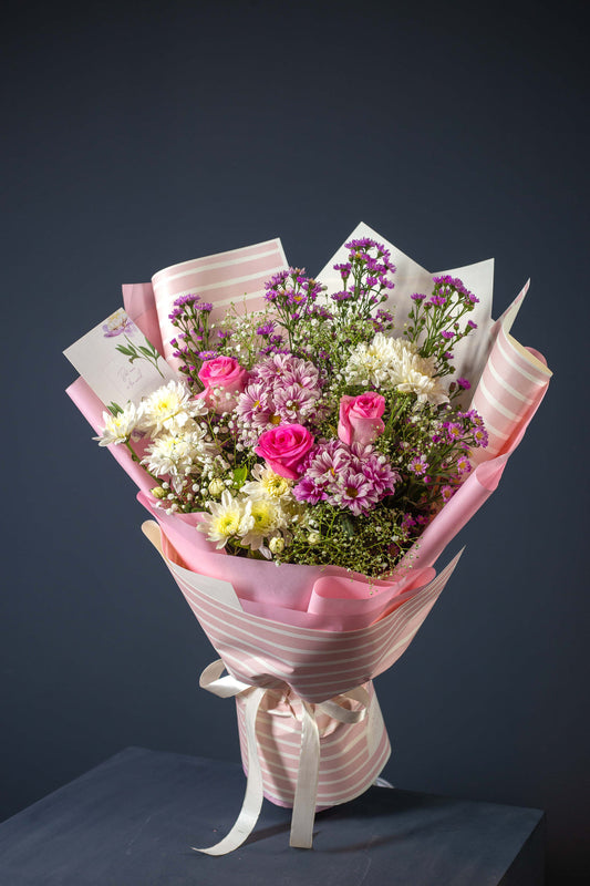 Chrys, Roses,  Aster with Baby Breath