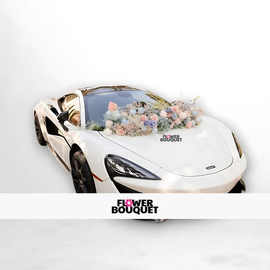 White McLaren sports car decorated with pastel floral arrangement on hood for weddings, Flower Bouquet logo visible.