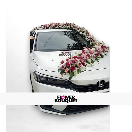 White Honda car decorated with pink and white flowers