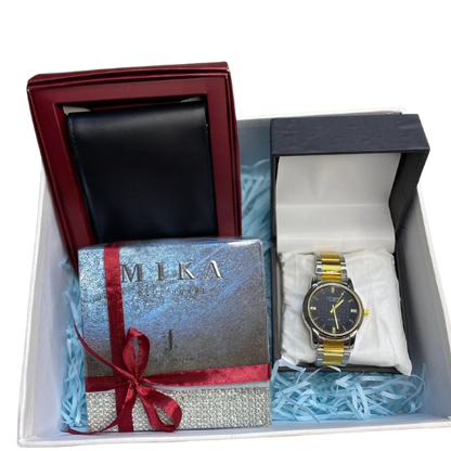 Luxury men’s gift box with chain watch, branded perfume, and black leather wallet