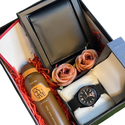 Luxury men’s gift box with leather wallet, wristwatch, J. body spray, roses, and handwritten card