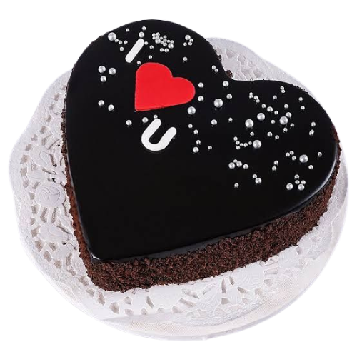 Midnight Love Cake with black glaze, I love you design, and silver pearl decorations