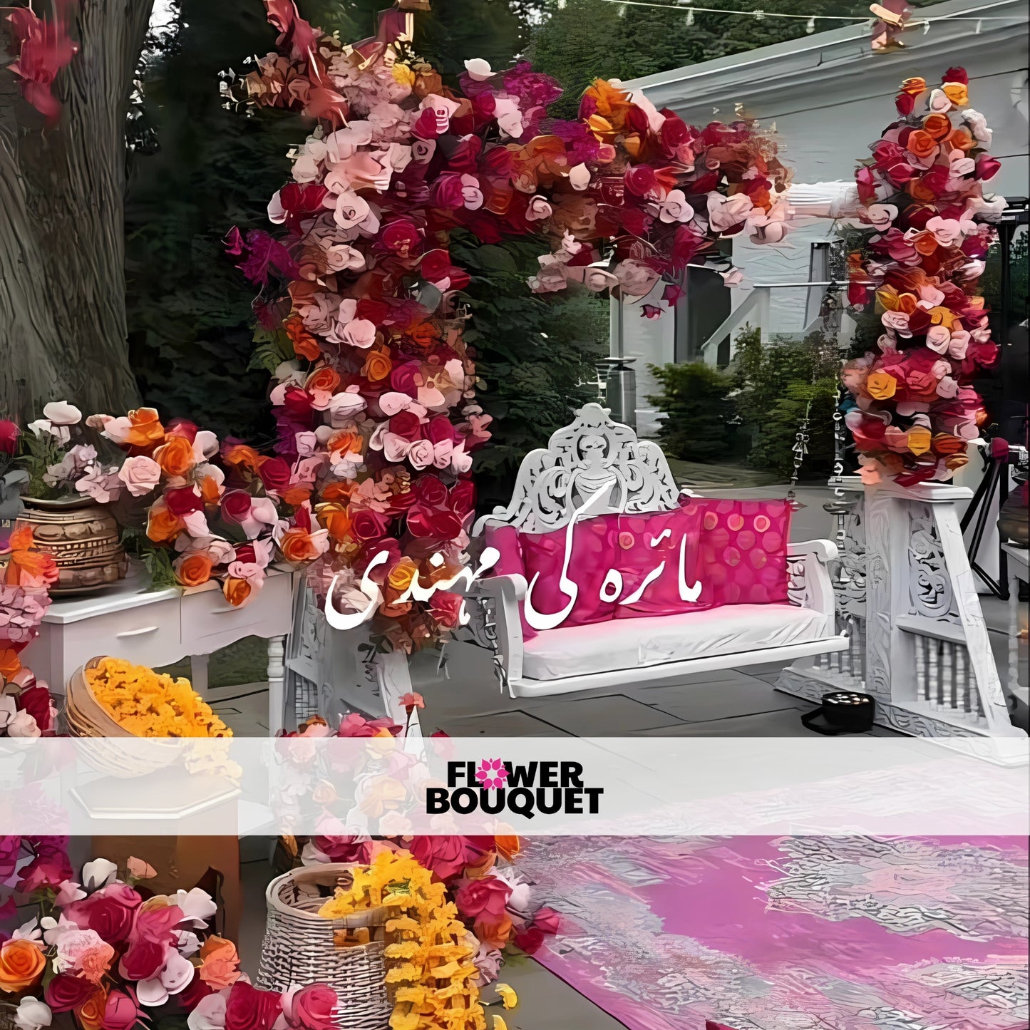 Outdoor Mehndi decor with a white swing, pink, red, and orange floral arrangements, marigold strings, and traditional props for a festive ambiance.