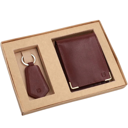 Personalized gift set with custom temperature bottle, leather wallet, and keychain for him