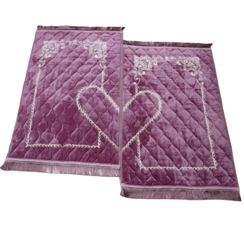 Purple premium velvet janamaz with quilted heart design – luxury prayer mat in Pakistan.