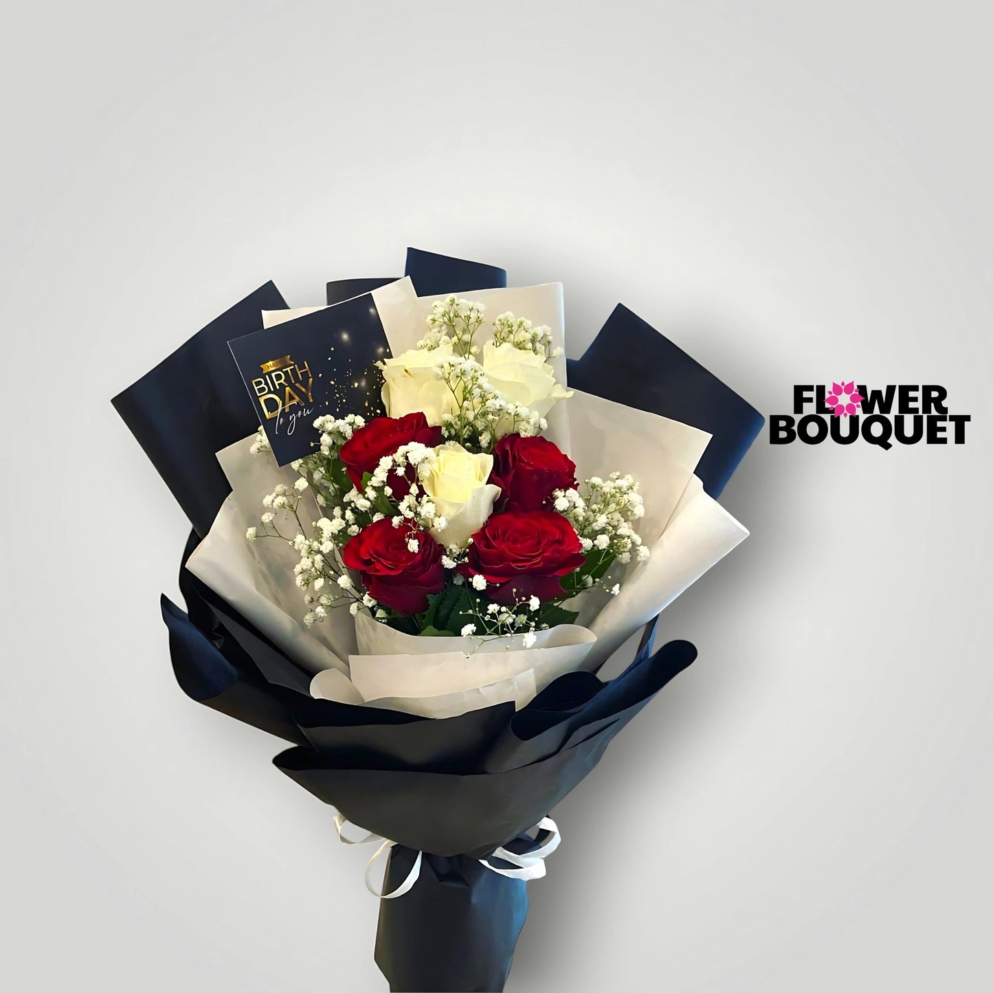 A beautiful bouquet of vibrant red roses and delicate white roses, accented with lush greenery and baby's breath, wrapped in a sleek black paper for a sophisticated and romantic presentation.