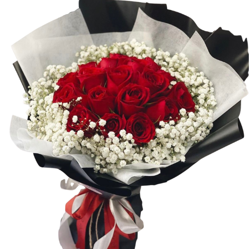 Red roses bouquet with baby’s breath wrapped in black and white paper with red ribbon