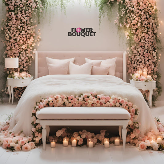 Romantic Floral Bedroom Set with plush tufted headboard, pink and white roses, and elegant candle arrangements.