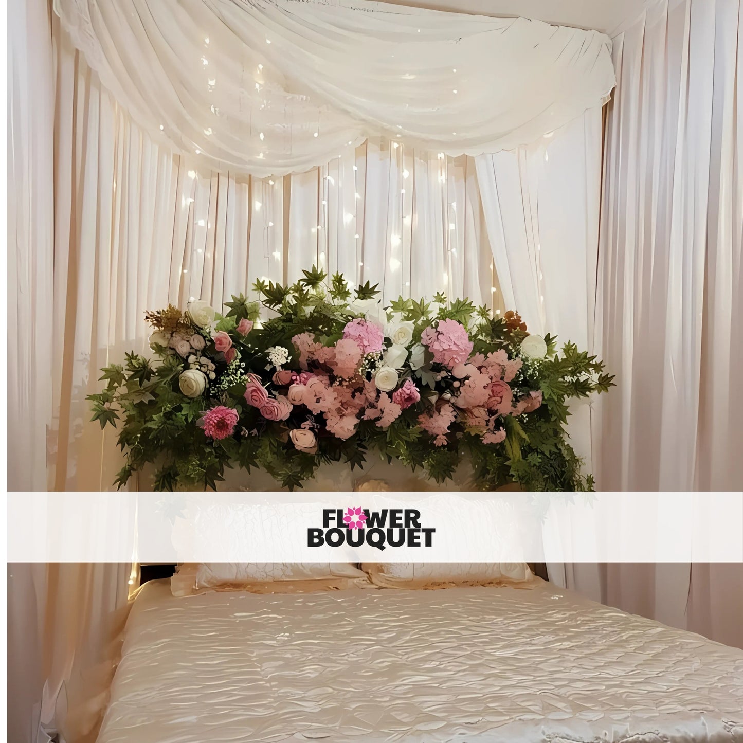 Romantic Garden Canopy Bed Decor with red and white flowers, green foliage, white drapes, and cream bedspread.