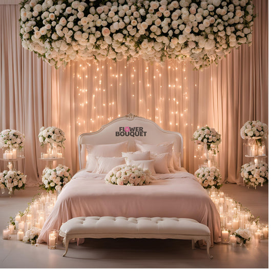 Romantic Rose Dream Bedroom Set: pink bed, white roses, candles, and fairy lights for an intimate, dreamy atmosphere. 🌹✨