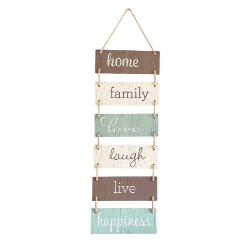 Rustic wooden wall hanging sign with inspirational words Home, Family, Love, Laugh, Live, Happiness – home décor gift in Pakistan.