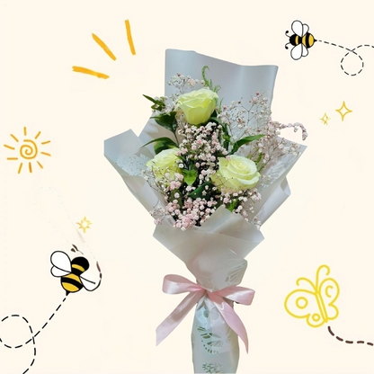 Small flower bouquet featuring three creamy white roses and pink baby's breath wrapped in white butterfly-patterned paper with a pink ribbon.