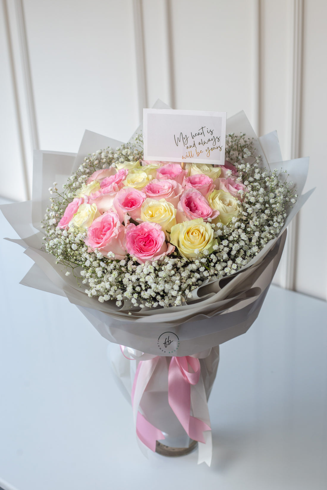 25 imported roses and 5 gypsophila bouquet by flower bouquet