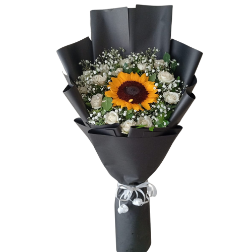 Sunflower and white rose bouquet in black wrapping with ribbon