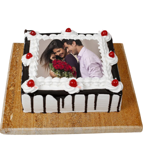 Sweet Moments Cake with edible couple photo print, whipped cream, and cherry topping