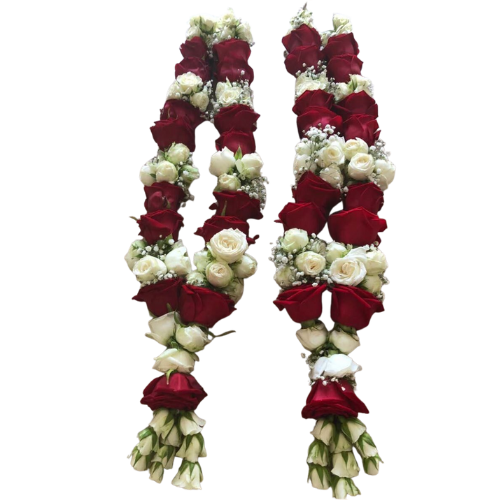 "Traditional red and white rose garland with baby’s breath – wedding and engagement phoolon ki mala Pakistan"