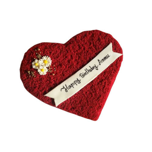 Velvet Wishes Cake with red velvet sponge, floral decoration, and custom birthday message