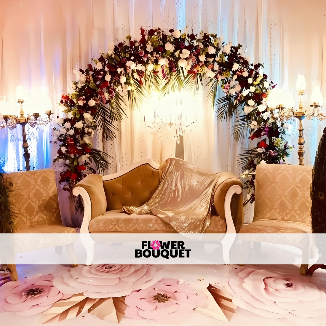 Romantic Floral Arch Wedding Stage – Vintage Gold Seating & Elegant Ba ...