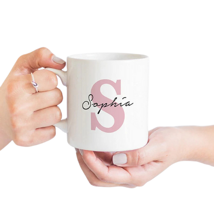 White ceramic alphabetic mug with blue letter design – stylish personalized coffee mug for gifting