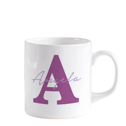 White ceramic alphabetic mug with blue letter design – stylish personalized coffee mug for gifting