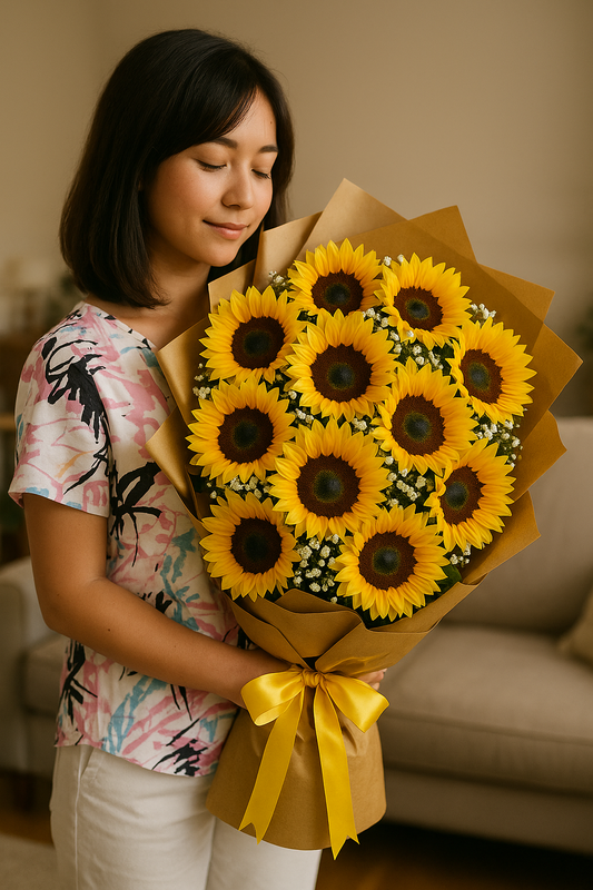 Woman holding a bouquet of 11 fresh sunflowers wrapped in brown kraft paper with a yellow ribbon – perfect gift for birthdays and special moments in Pakistan