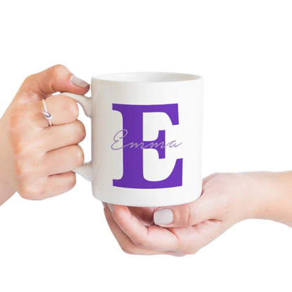White ceramic alphabetic mug with blue letter design – stylish personalized coffee mug for gifting