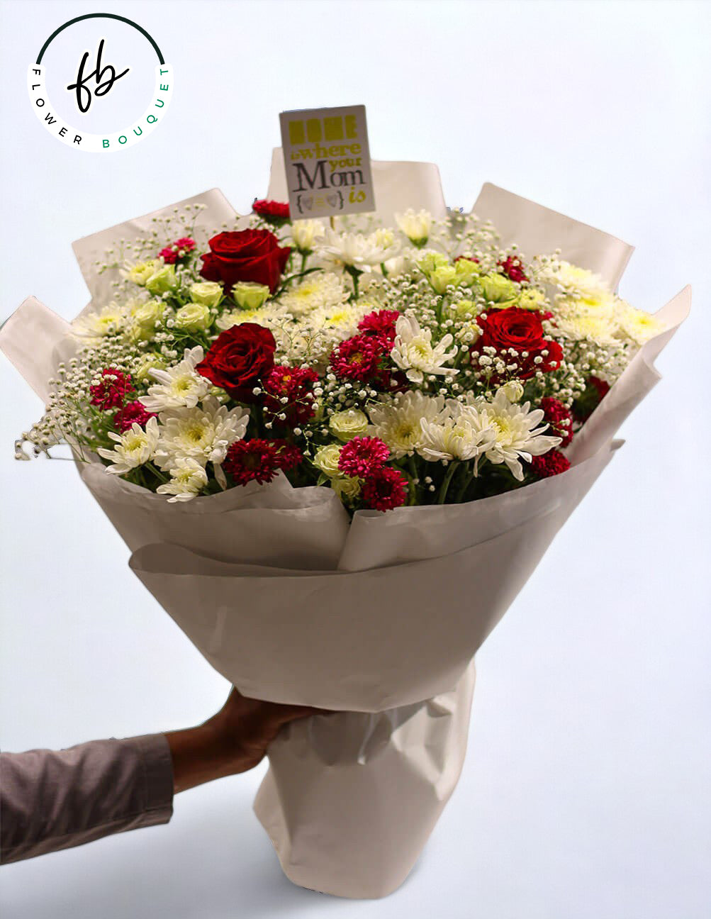 gerbera, red roses, white roses,baby breath flower bouquet for her or him