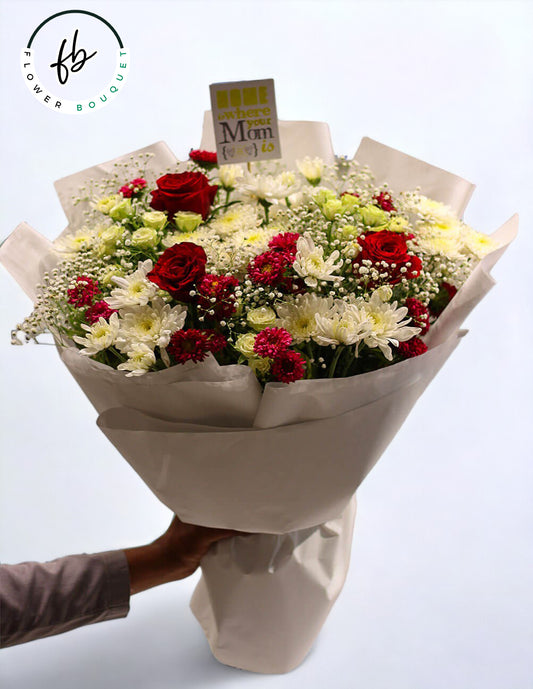 gerbera, red roses, white roses,baby breath flower bouquet for her or him