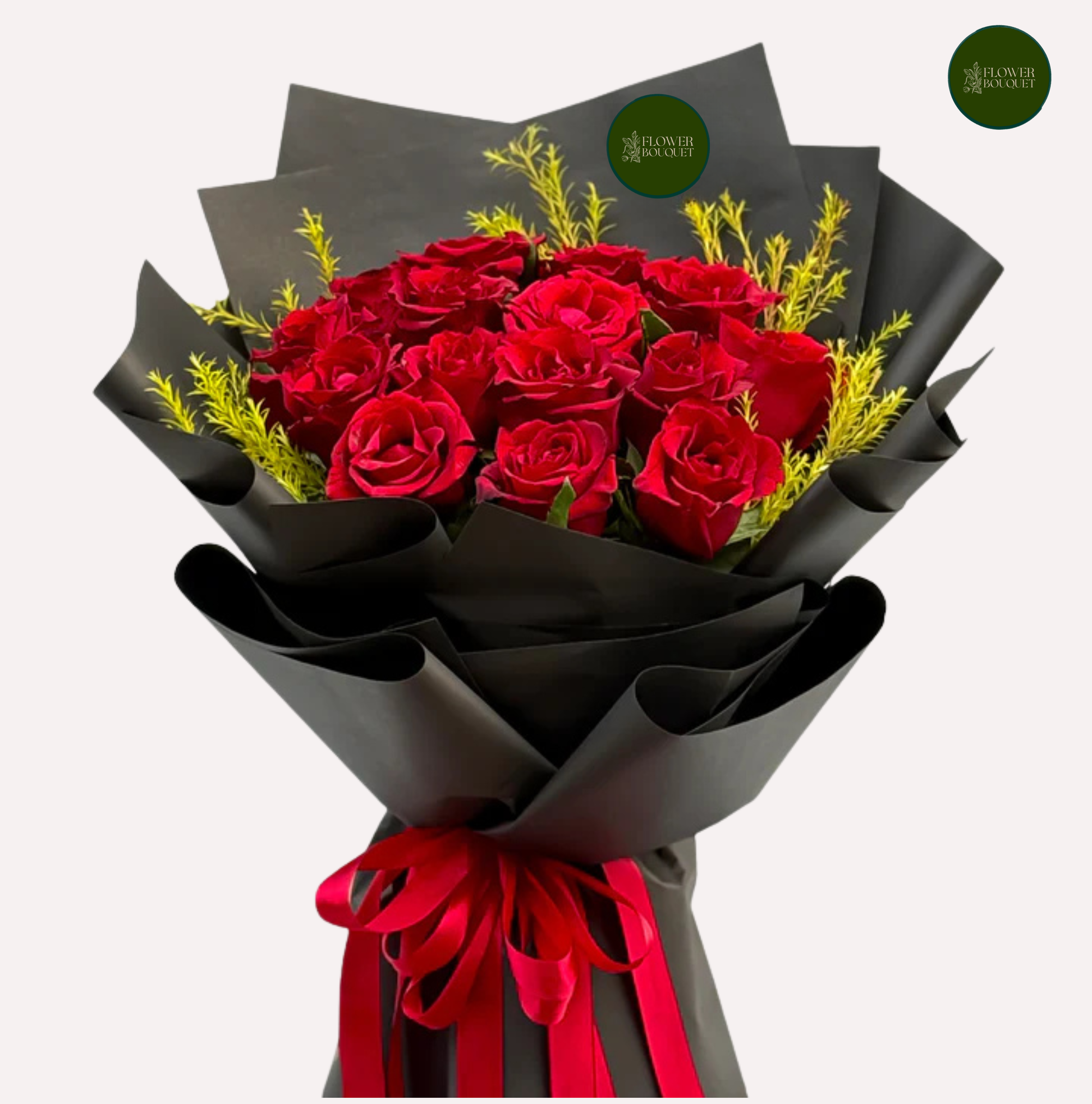 luxury red rose bouquet with black matte wrapping for anniversary gift