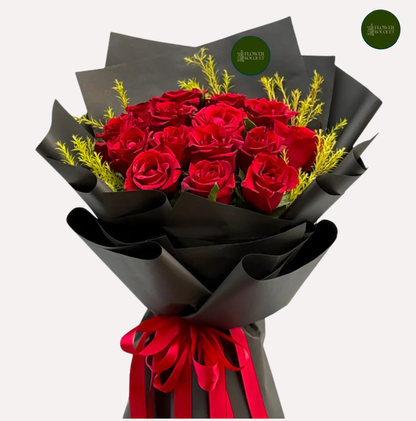 luxury red rose bouquet with black matte wrapping for anniversary gift