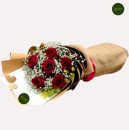small premium red rose bouquet with jute wrapping and ribbon
