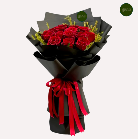 premium red roses bouquet with black wrapping and red ribbon romantic gift