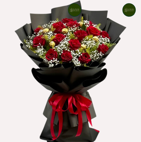 luxury red roses bouquet with ferrero rocher chocolates black wrapping red ribbon