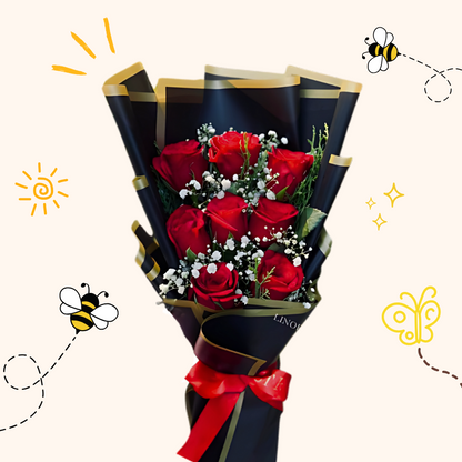 red rose with baby breathes 